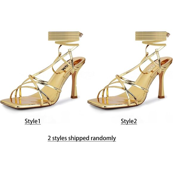 Women's Gold  Lace Up Square Toe Open Thong Stylish Comfortable Stiletto Heel - Picture 6 of 6